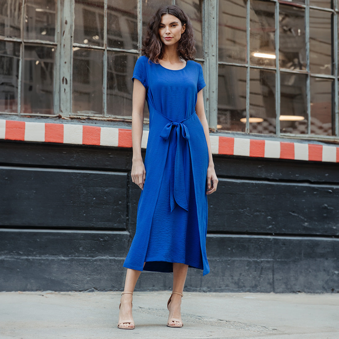 Soft Textured Rayon - Tie Wrap Overlay Midi Dress - Cobalt - Final Sale! | Clara Sunwoo
