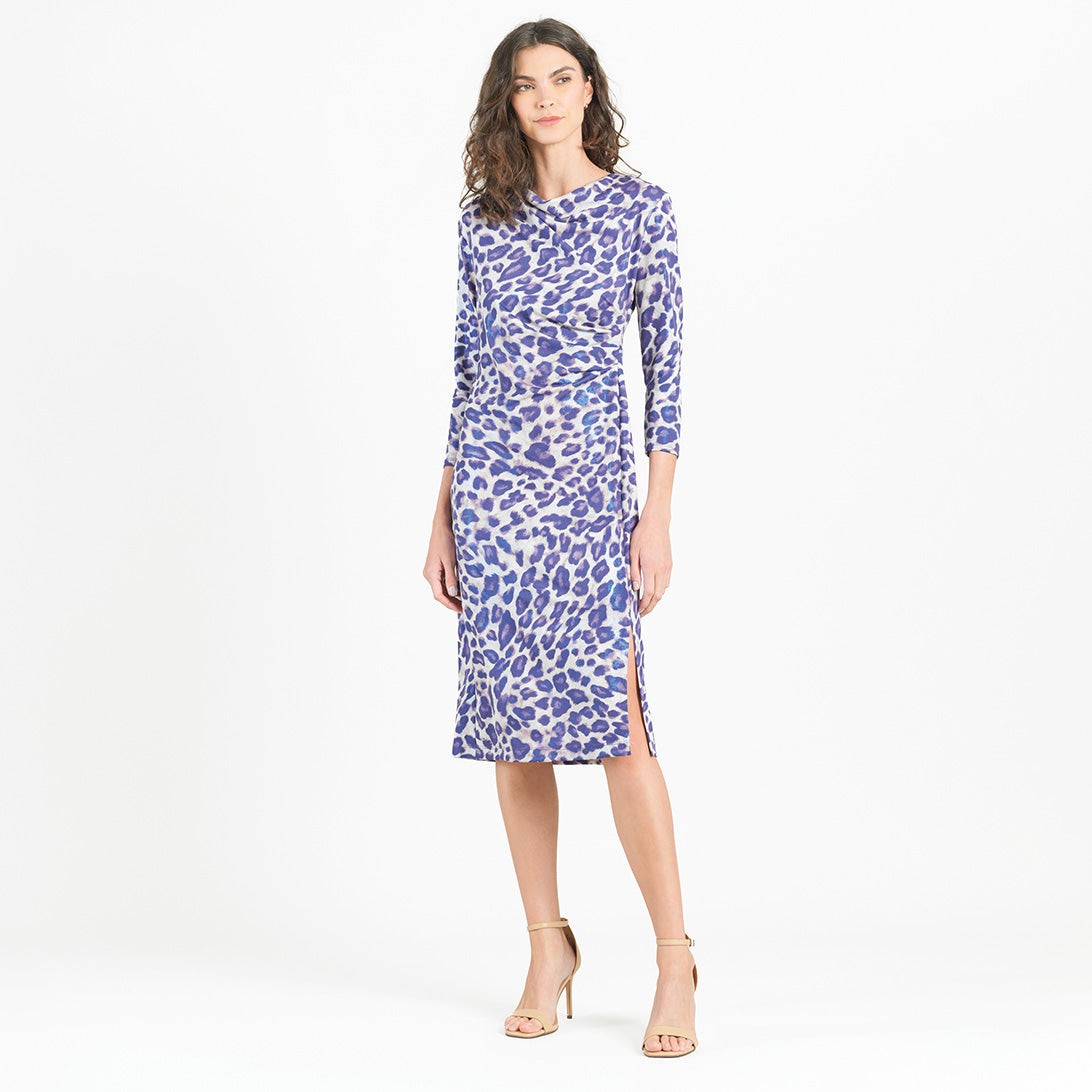 Foil Knit - Side Slit 3/4 Sleeve Midi Dress - Plum Cheetah - Final Sale! | Clara Sunwoo