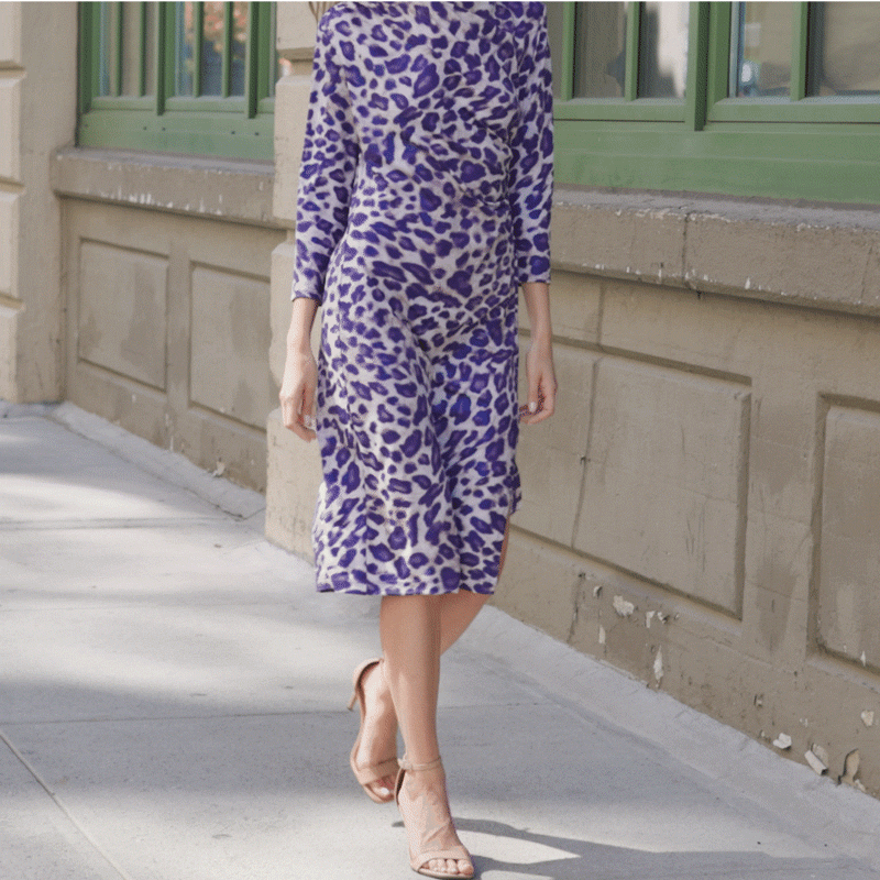 Foil Knit - Side Slit 3/4 Sleeve Midi Dress - Plum Cheetah - Final Sale! | Clara Sunwoo