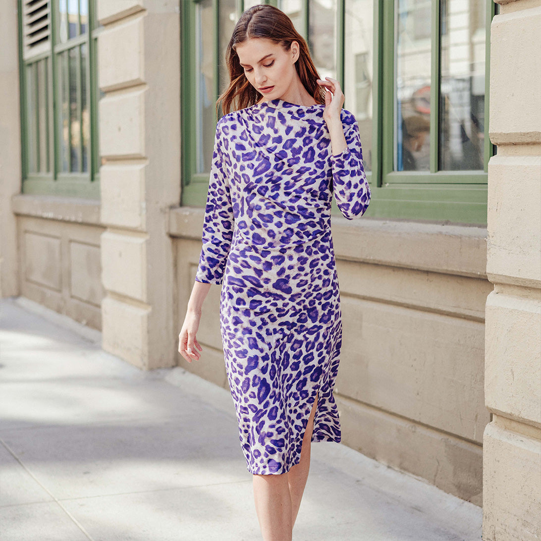 Foil Knit - Side Slit 3/4 Sleeve Midi Dress - Plum Cheetah - Final Sale! | Clara Sunwoo