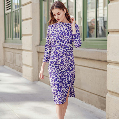 Foil Knit - Side Slit 3/4 Sleeve Midi Dress - Plum Cheetah - Final Sale! | Clara Sunwoo
