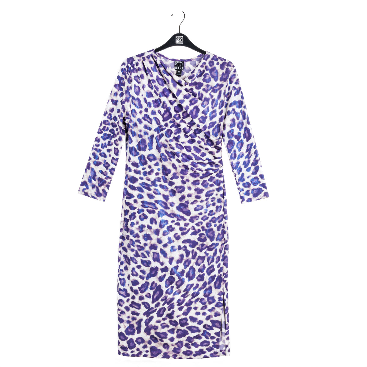 Foil Knit - Side Slit 3/4 Sleeve Midi Dress - Plum Cheetah - Final Sale! | Clara Sunwoo