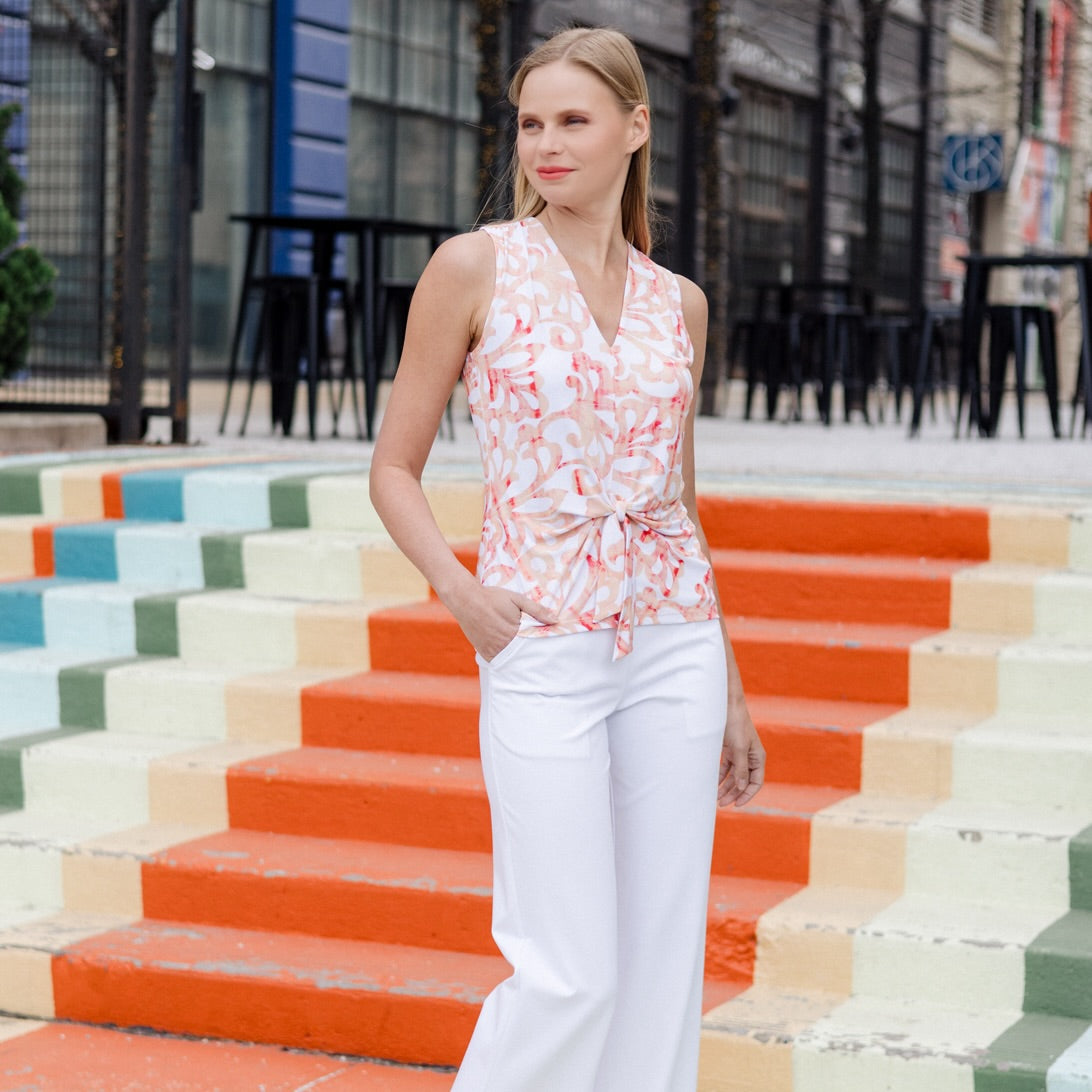 Sleeveless V-Neck Center Front Tie Top - Damask Motif - Final Sale | Clara Sunwoo