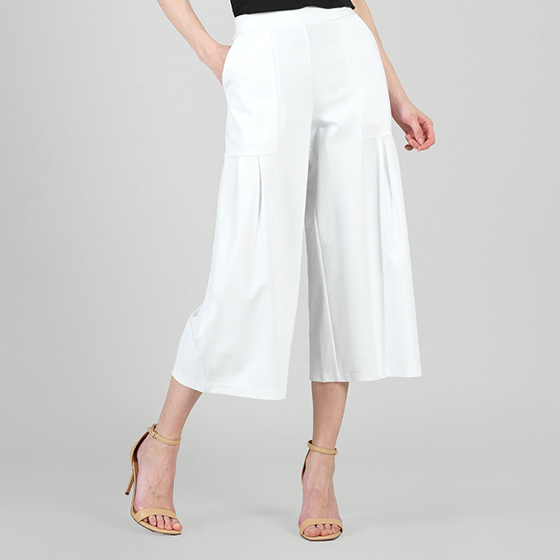 Rayon-Ponte Knit - Pleated Gaucho Pocket Pant - White - Final Sale | Clara Sunwoo