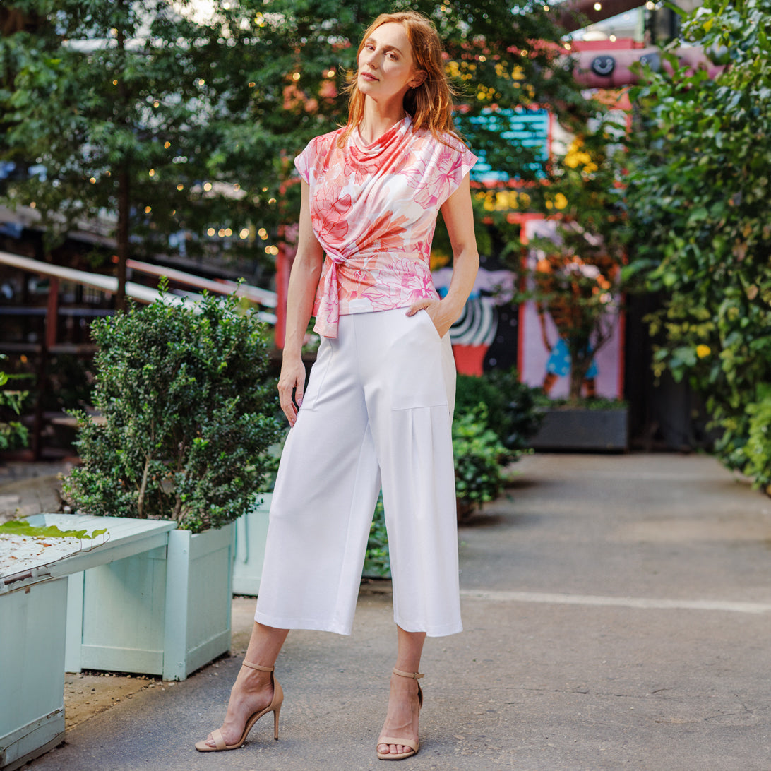 Rayon-Ponte Knit - Pleated Gaucho Pocket Pant - White - Final Sale | Clara Sunwoo