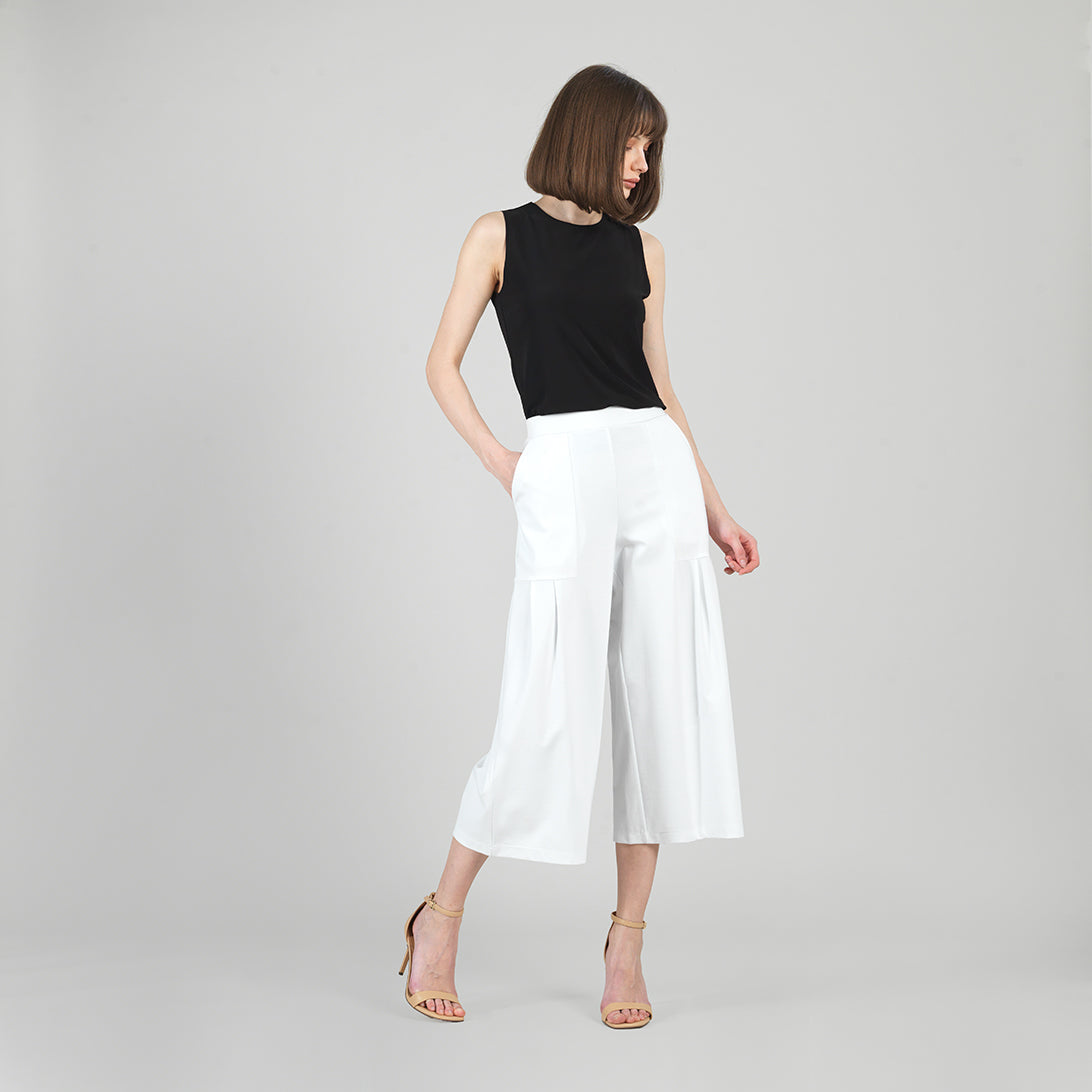 Rayon-Ponte Knit - Pleated Gaucho Pocket Pant - White - Final Sale | Clara Sunwoo