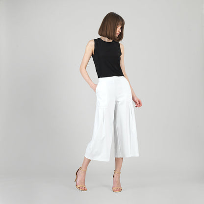 Rayon-Ponte Knit - Pleated Gaucho Pocket Pant - White - Final Sale | Clara Sunwoo