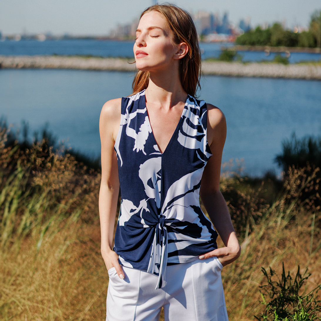 Sleeveless V-Neck Center Front Tie Top - Abstract Branch - Final Sale | Clara Sunwoo