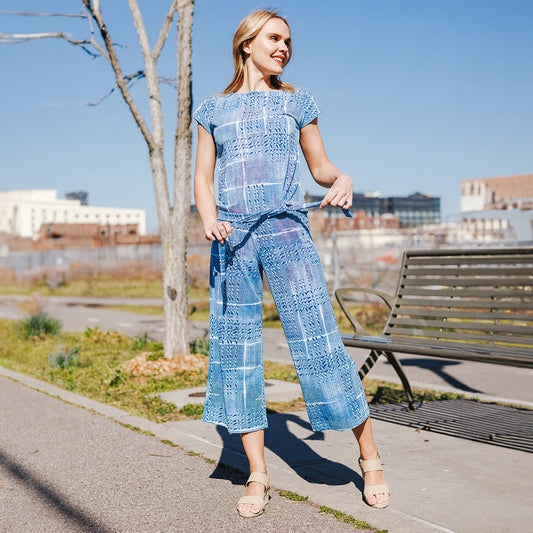 Textured Cap Sleeve Tie Hem Top - Denim Plaid - Final Sale | Clara Sunwoo