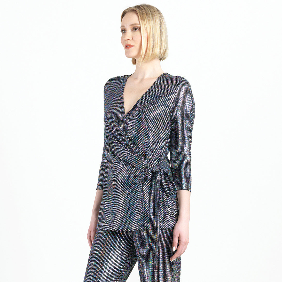 Shimmer Sequin - Faux Wrap Side Tie Tunic - Silver Pinstripe - Finale Sale | Clara Sunwoo