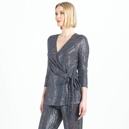 Shimmer Sequin - Faux Wrap Side Tie Tunic - Silver Pinstripe - Finale Sale | Clara Sunwoo