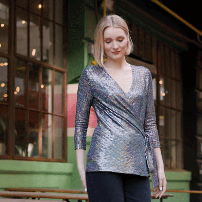 Shimmer Sequin - Faux Wrap Side Tie Tunic - Silver Pinstripe - Finale Sale | Clara Sunwoo