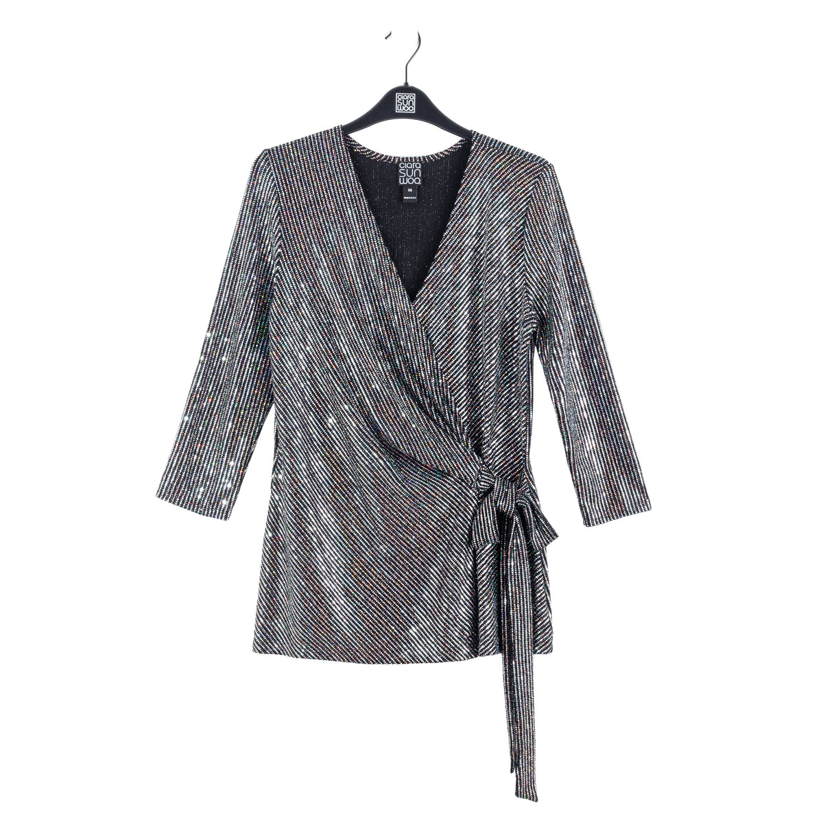 Shimmer Sequin - Faux Wrap Side Tie Tunic - Silver Pinstripe - Finale Sale | Clara Sunwoo