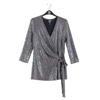 Shimmer Sequin - Faux Wrap Side Tie Tunic - Silver Pinstripe - Finale Sale | Clara Sunwoo