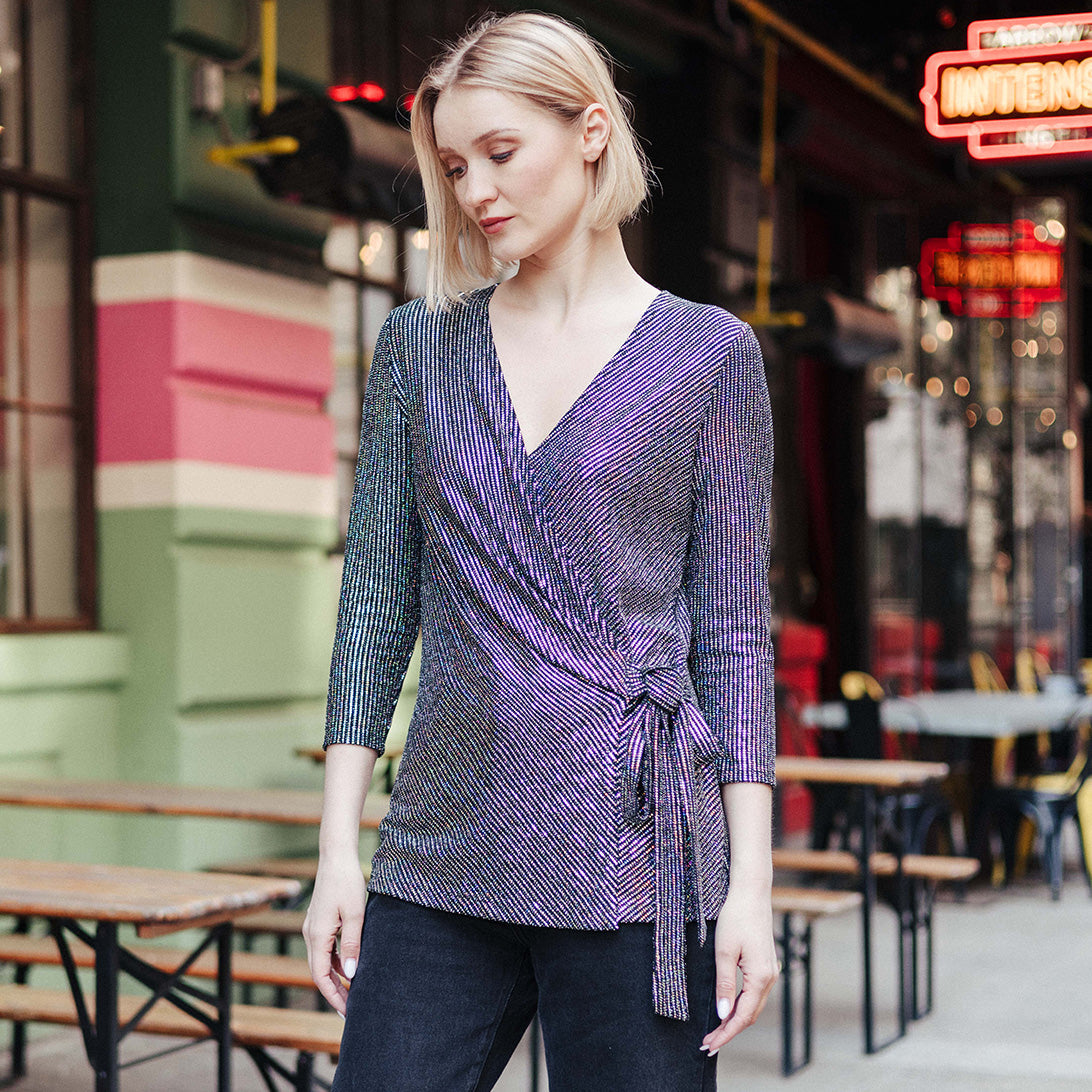 Shimmer Sequin - Faux Wrap Side Tie Tunic - Silver Pinstripe - Finale Sale | Clara Sunwoo