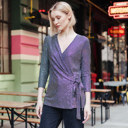 Shimmer Sequin - Faux Wrap Side Tie Tunic - Silver Pinstripe - Finale Sale | Clara Sunwoo