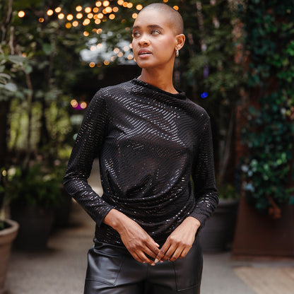 Shimmer Embellished - High Boat Neck Side Draped Top - Black - Final Sale! | Clara Sunwoo