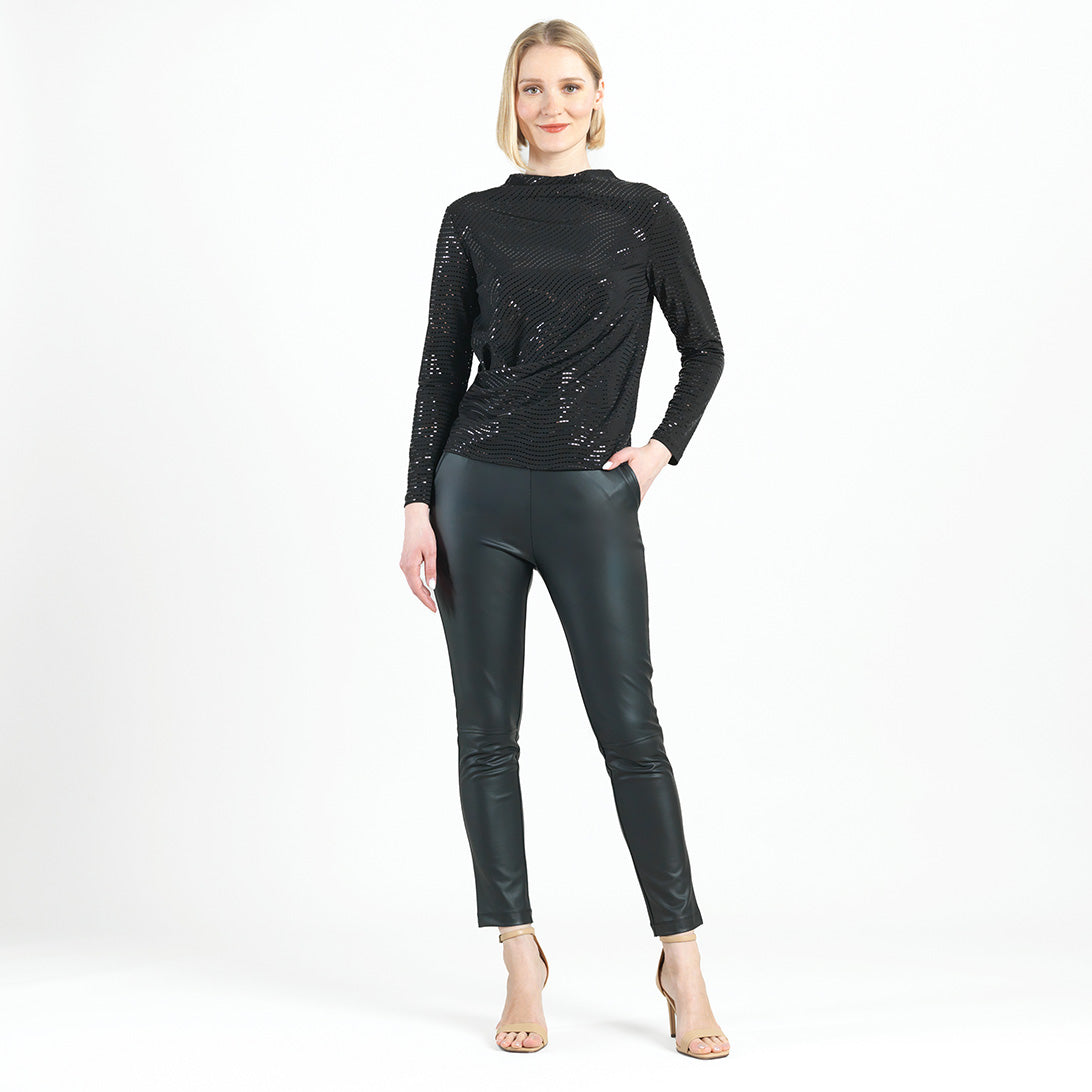 Shimmer Embellished - High Boat Neck Side Draped Top - Black - Final Sale! | Clara Sunwoo
