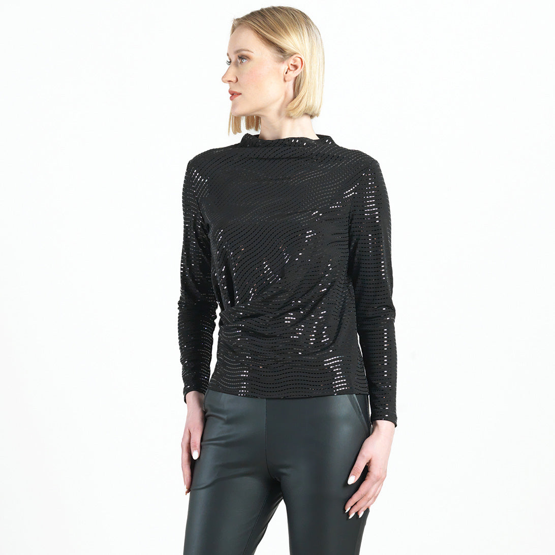 Shimmer Embellished - High Boat Neck Side Draped Top - Black - Final Sale! | Clara Sunwoo