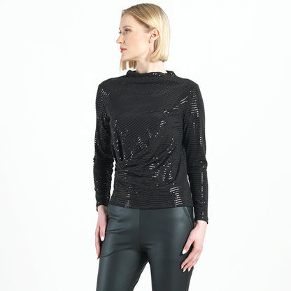 Shimmer Embellished - High Boat Neck Side Draped Top - Black - Final Sale! | Clara Sunwoo