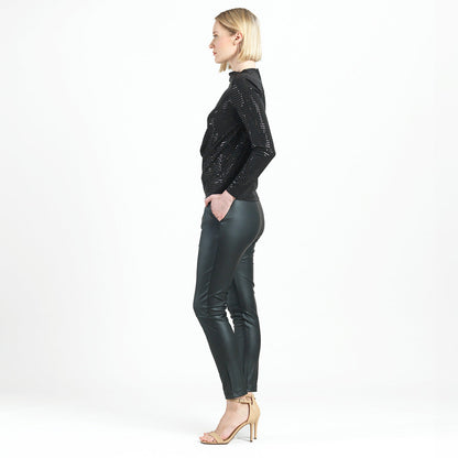 Shimmer Embellished - High Boat Neck Side Draped Top - Black - Final Sale! | Clara Sunwoo