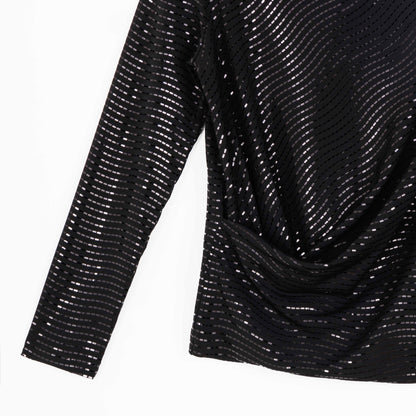 Shimmer Embellished - High Boat Neck Side Draped Top - Black - Final Sale! | Clara Sunwoo