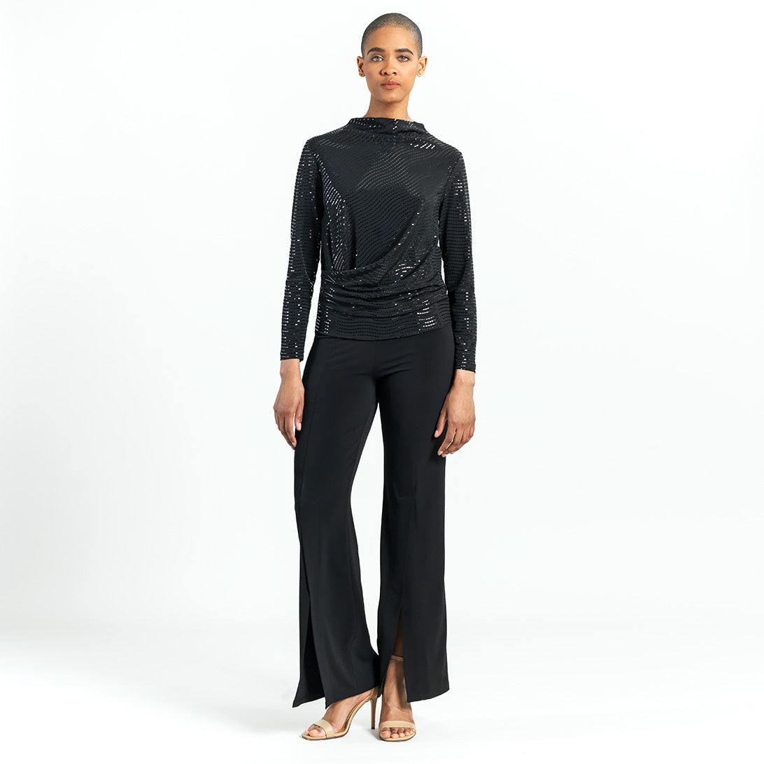 Shimmer Embellished - High Boat Neck Side Draped Top - Black - Final Sale! | Clara Sunwoo