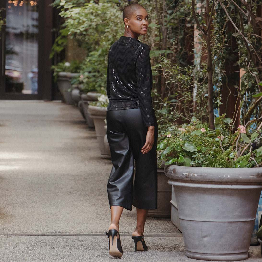 Shimmer Embellished - High Boat Neck Side Draped Top - Black - Final Sale! | Clara Sunwoo