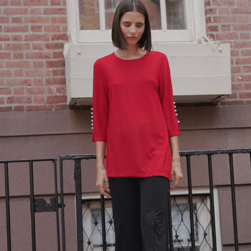 Glimmer Speck - Pearl Cuff Asymmetrical Reverse Hi-Low Tunic - Red - Final Sale! | Clara Sunwoo