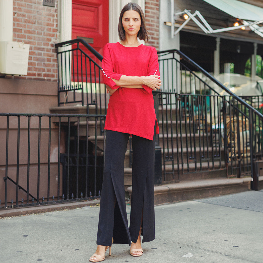 Glimmer Speck - Pearl Cuff Asymmetrical Reverse Hi-Low Tunic - Red - Final Sale! | Clara Sunwoo