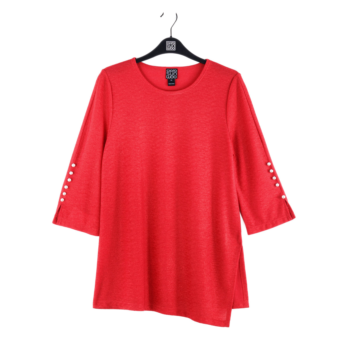 Glimmer Speck - Pearl Cuff Asymmetrical Reverse Hi-Low Tunic - Red - Final Sale! | Clara Sunwoo