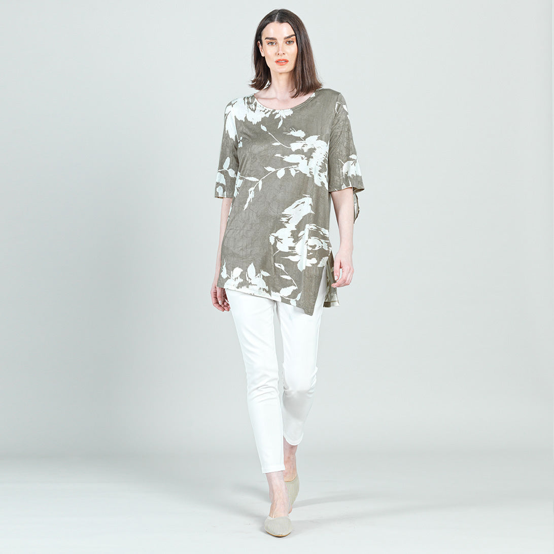 Crushed Silk Knit - Tie Cuff Asymmetrical Vent Tunic - Dreamy Floral-Taupe - Final Sale | Clara Sunwoo