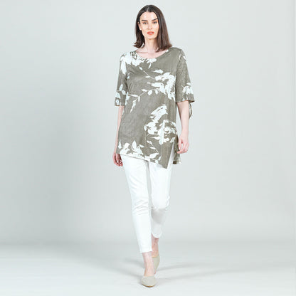 Crushed Silk Knit - Tie Cuff Asymmetrical Vent Tunic - Dreamy Floral-Taupe - Final Sale | Clara Sunwoo