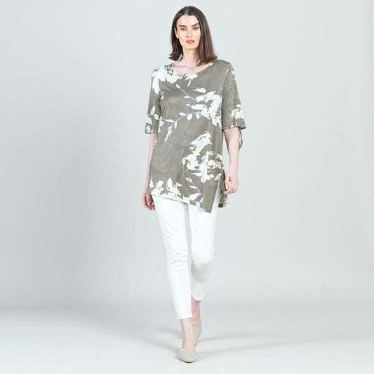 Crushed Silk Knit - Tie Cuff Asymmetrical Vent Tunic - Dreamy Floral-Taupe - Final Sale | Clara Sunwoo