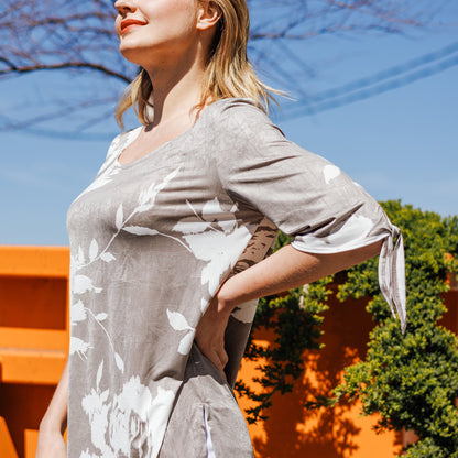 Crushed Silk Knit - Tie Cuff Asymmetrical Vent Tunic - Dreamy Floral-Taupe - Final Sale | Clara Sunwoo