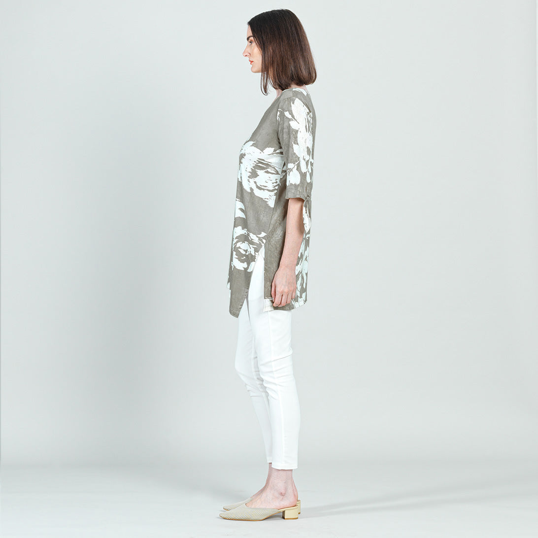 Crushed Silk Knit - Tie Cuff Asymmetrical Vent Tunic - Dreamy Floral-Taupe - Final Sale | Clara Sunwoo