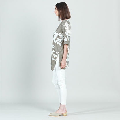 Crushed Silk Knit - Tie Cuff Asymmetrical Vent Tunic - Dreamy Floral-Taupe - Final Sale | Clara Sunwoo