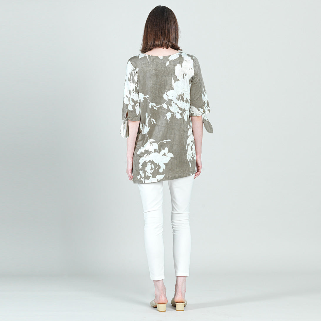 Crushed Silk Knit - Tie Cuff Asymmetrical Vent Tunic - Dreamy Floral-Taupe - Final Sale | Clara Sunwoo