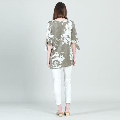 Crushed Silk Knit - Tie Cuff Asymmetrical Vent Tunic - Dreamy Floral-Taupe - Final Sale | Clara Sunwoo