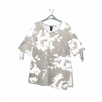 Crushed Silk Knit - Tie Cuff Asymmetrical Vent Tunic - Dreamy Floral-Taupe - Final Sale | Clara Sunwoo