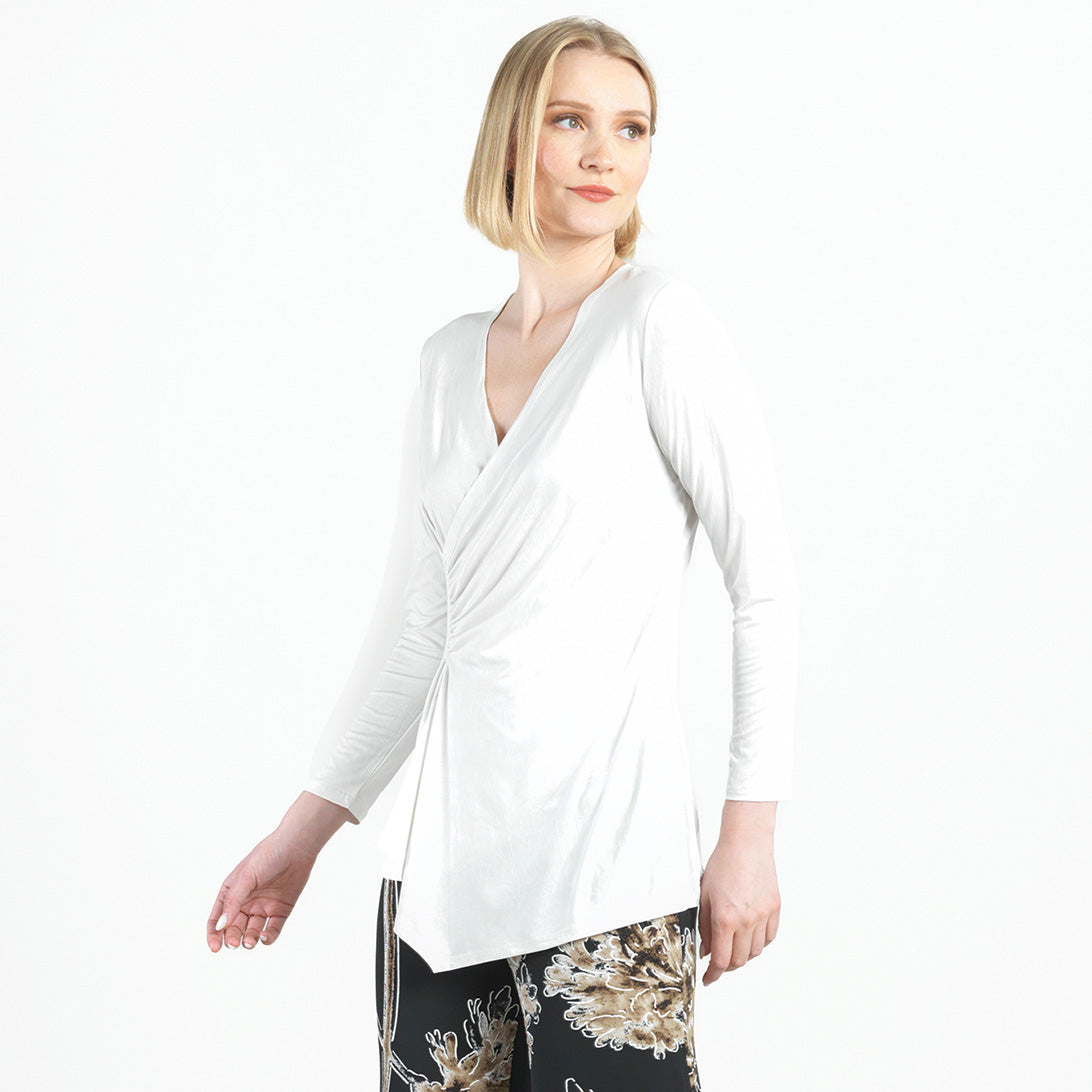 Crushed Silk Knit - Long Sleeve Side Gathered Drape Tunic - Ivory - Final Sale! | Clara Sunwoo