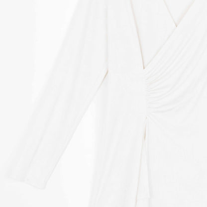 Crushed Silk Knit - Long Sleeve Side Gathered Drape Tunic - Ivory - Final Sale! | Clara Sunwoo