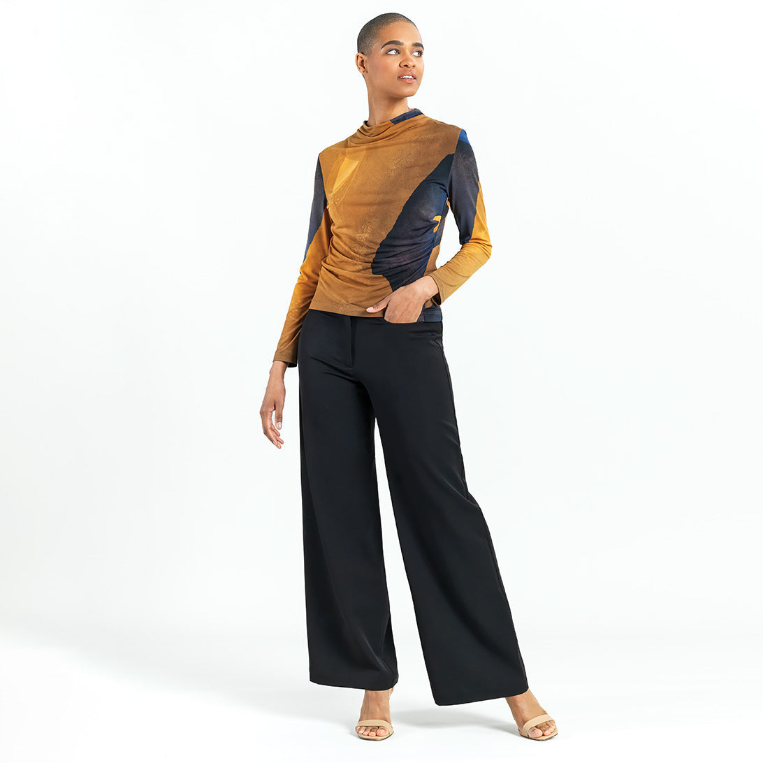 Draped Neck Side Ruched Top - Tan Watercolor - Final Sale! | Clara Sunwoo