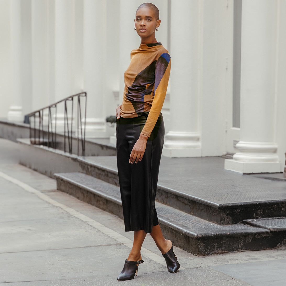 Draped Neck Side Ruched Top - Tan Watercolor - Final Sale! | Clara Sunwoo