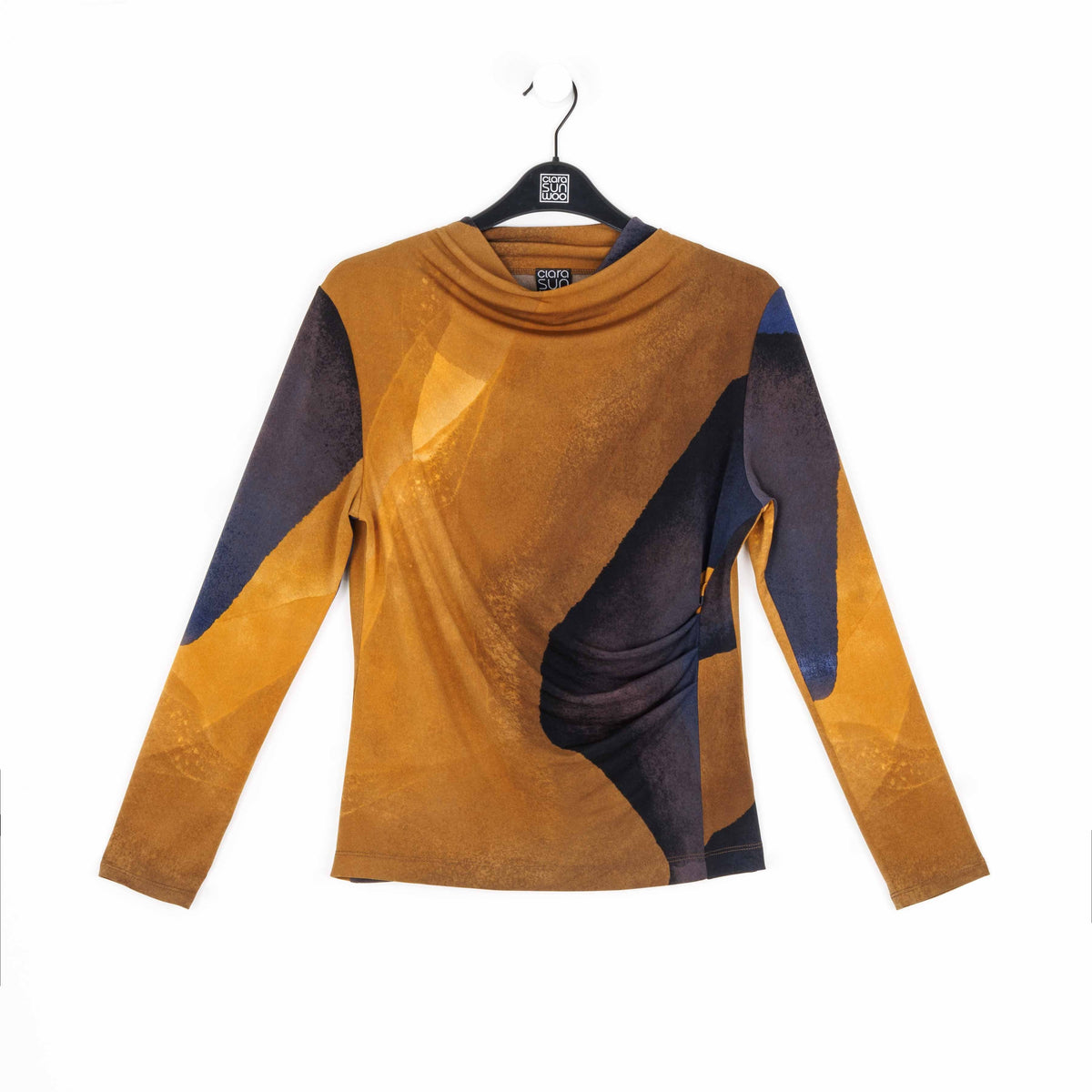 Draped Neck Side Ruched Top - Tan Watercolor - Final Sale! | Clara Sunwoo