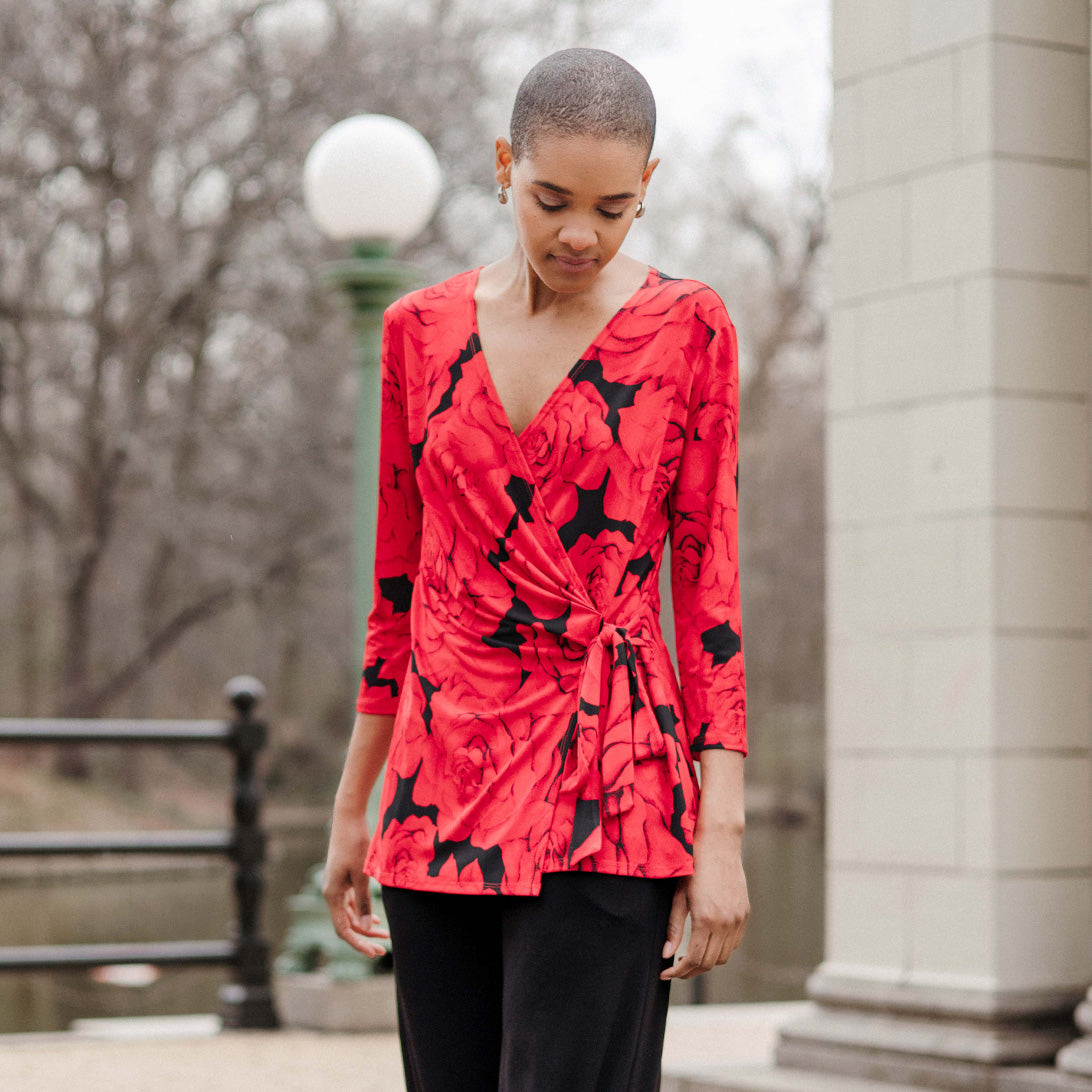 Surplice Faux Wrap Side Tie Tunic - Rose Floret - Final Sale! | Clara Sunwoo