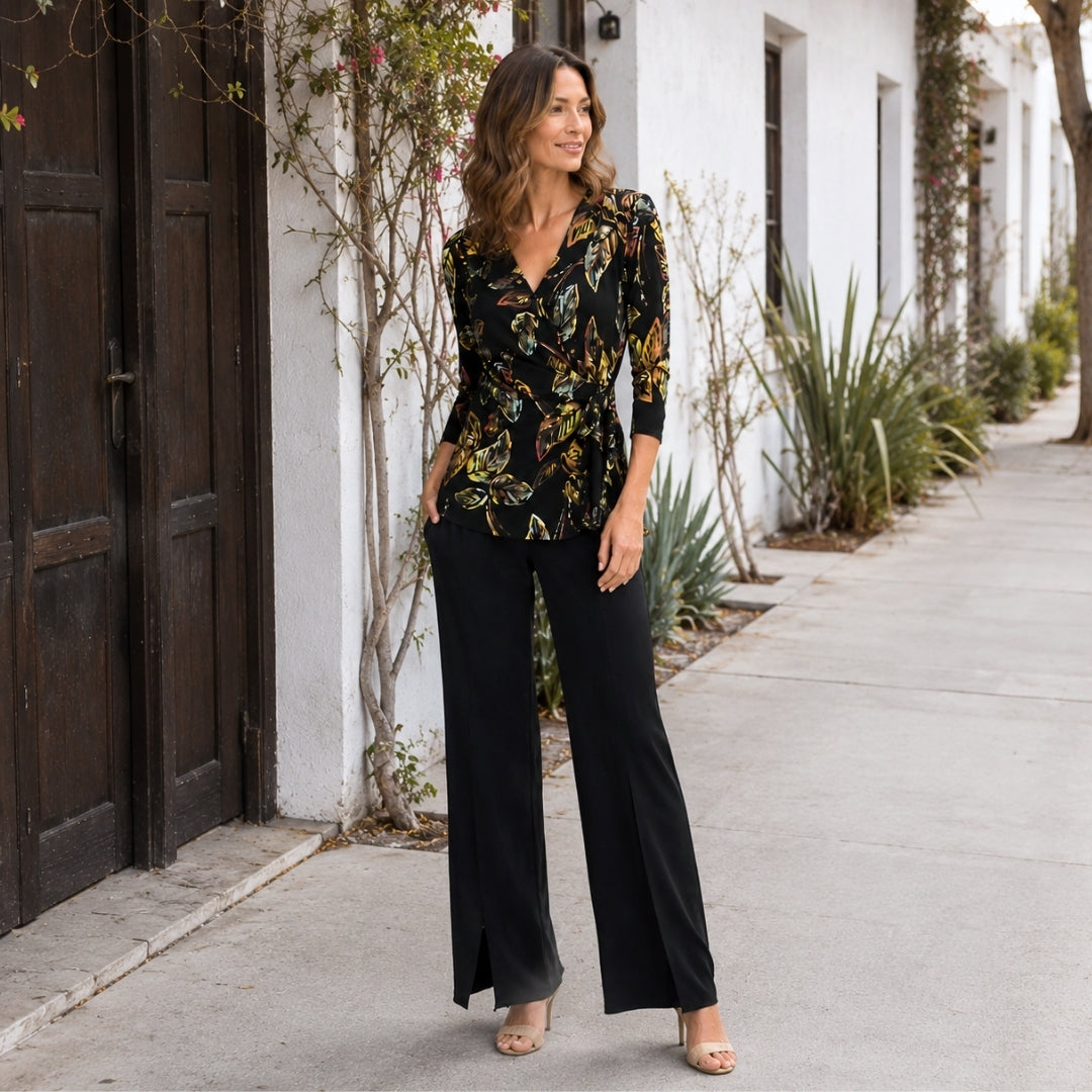 Surplice Faux Wrap Side Tie Tunic - Leaf Colorburst - Final Sale! | Clara Sunwoo
