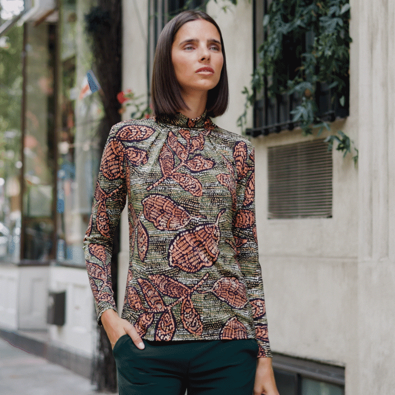 Mock Neck Pleated Detail Top - Mosaic Leaves - Final Sale! | Clara Sunwoo