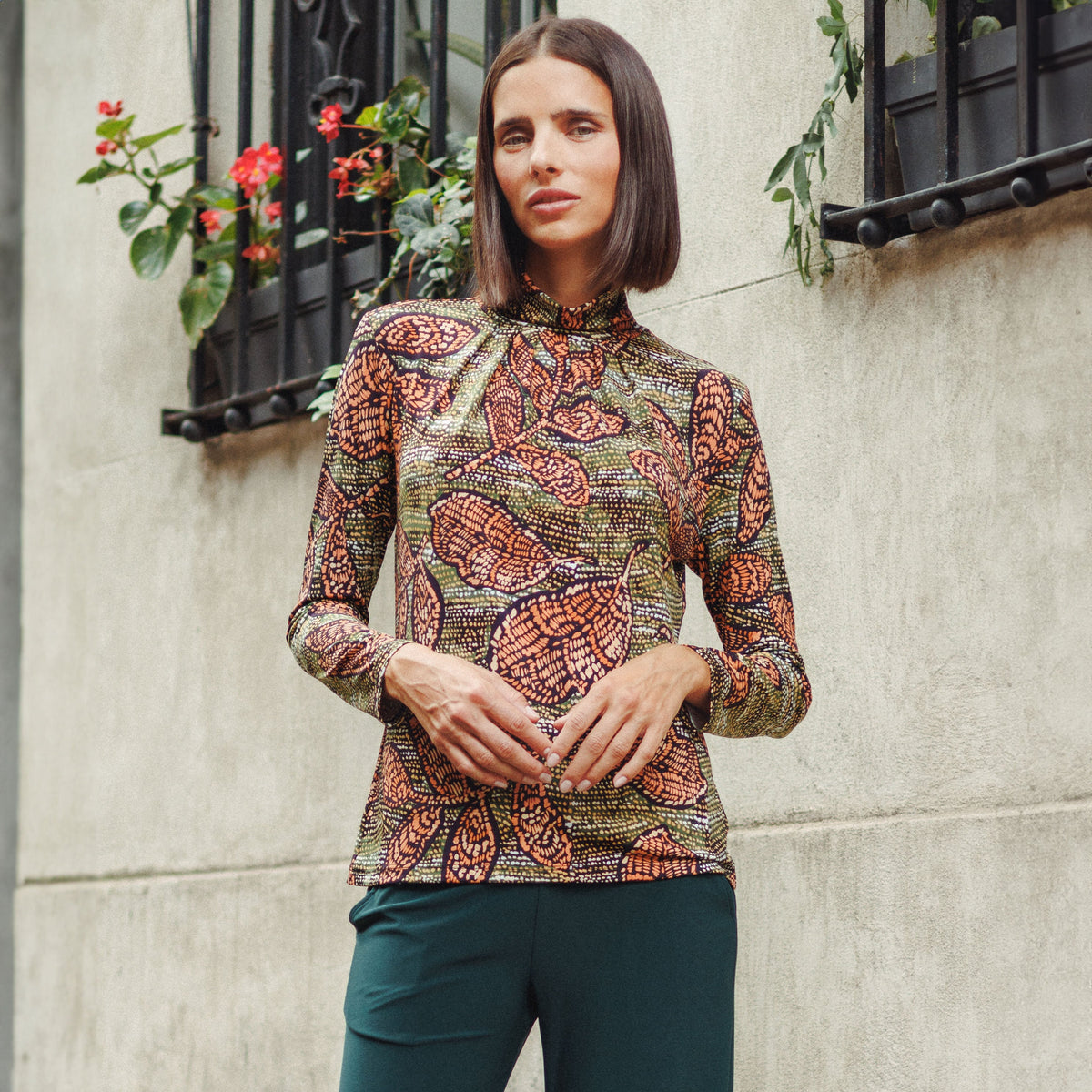 Mock Neck Pleated Detail Top - Mosaic Leaves - Final Sale! | Clara Sunwoo