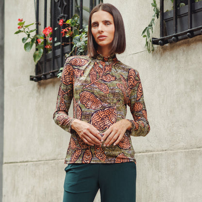 Mock Neck Pleated Detail Top - Mosaic Leaves - Final Sale! | Clara Sunwoo